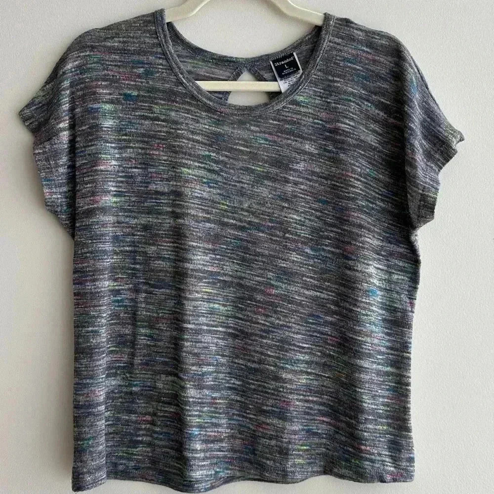 Stranded Grey/Pink/Blue/Green Heathered Short Sleeve Shirt, Keyhole Back, Large